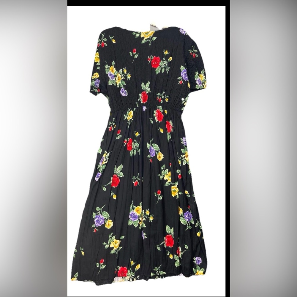 Vintage Jeffrey & Dara Womens Black Floral Midi Dress Pleated Sz 8 USA